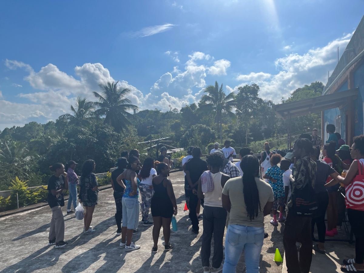 The group standing on a sunny hilltop road lined with palm trees